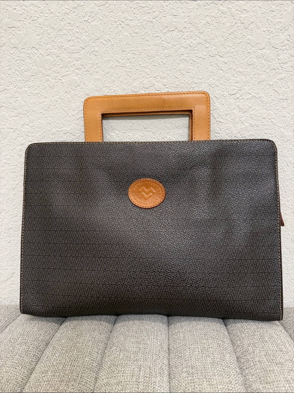 Mario Valentino Dark Brown Oversized Pouch with Tan Handle